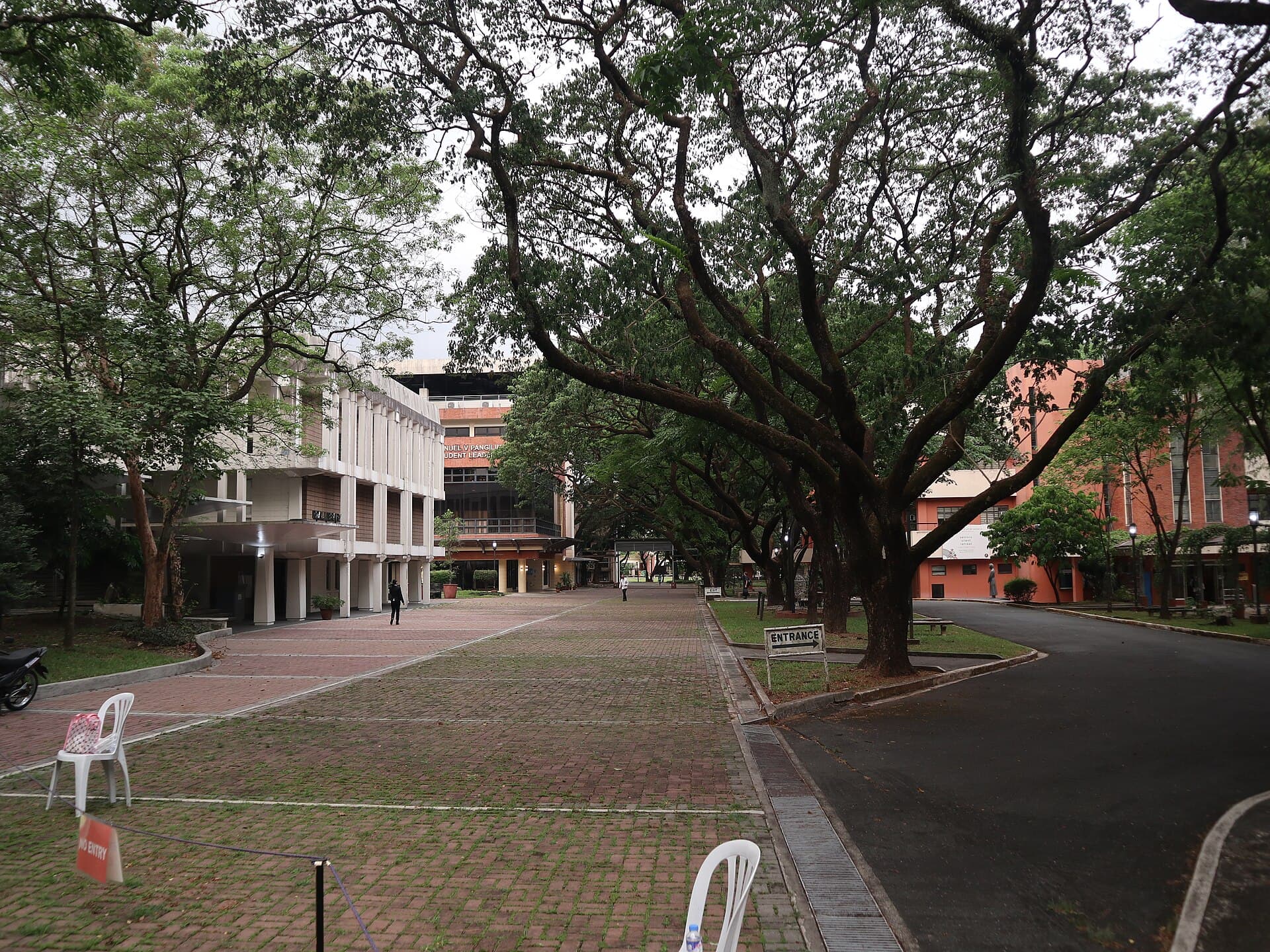 Brick walkway lined with rain trees between academic buildings at Ateneo de Manila University in Katipunan, Quezon City