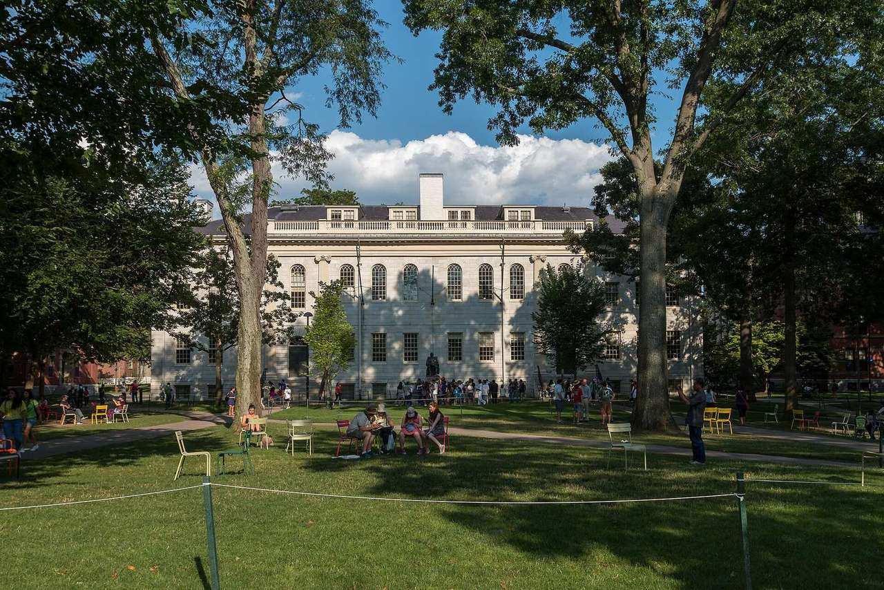 Students sitting on lawn chairs under shade trees in Harvard Yard, with University Hall in the background