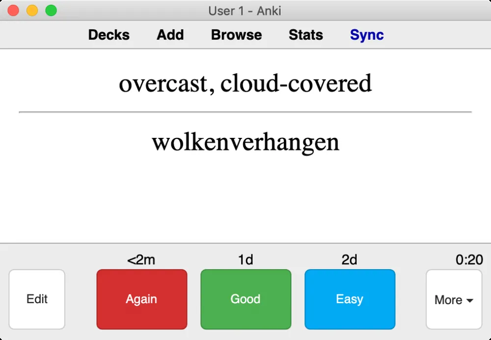 Anki review screen showing a vocabulary card with Again, Good, and Easy buttons and their next review times