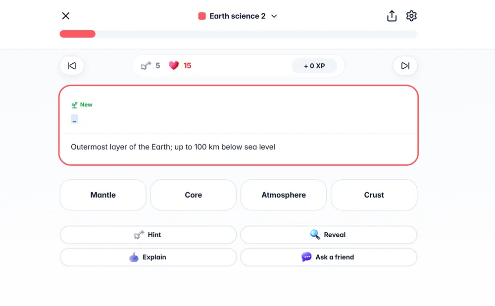 Gizmo quiz screen for an Earth science deck asking for the outermost layer of the Earth, with 5 keys and 15 hearts shown at the top