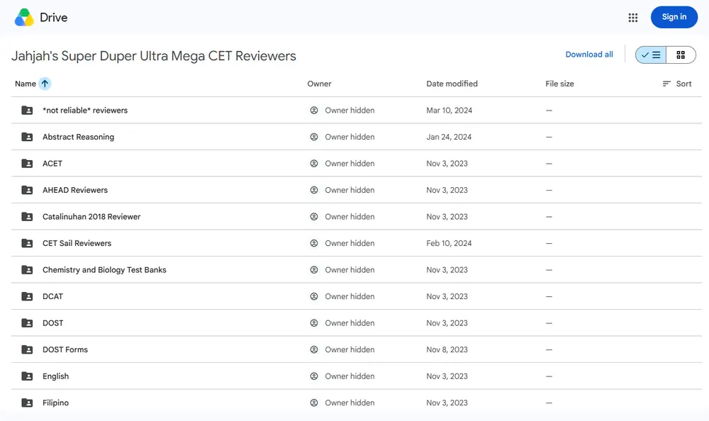 Google Drive folder "Jahjah's Super Duper Ultra Mega CET Reviewers" with subfolders like ACET, DCAT, DOST, English, and a folder named "not reliable reviewers"