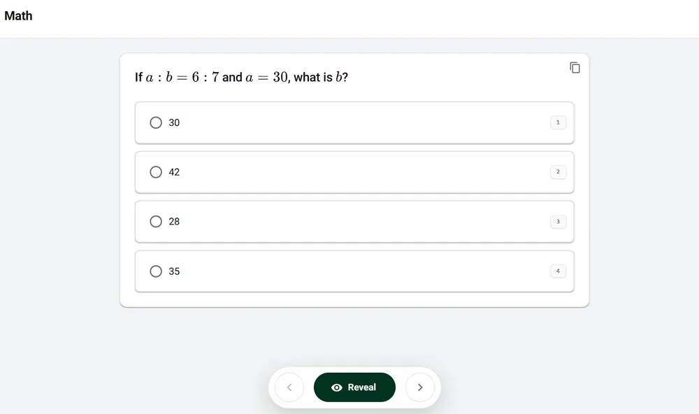 prepPH study screen showing a Math ratio question, if a:b = 6:7 and a = 30, what is b, with four choices, a copy button, and a Reveal button