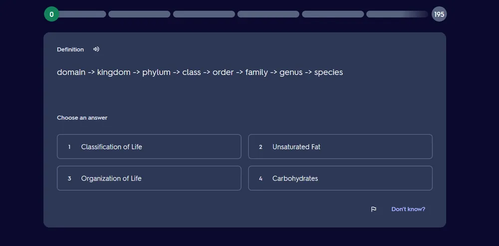 Quizlet multiple choice question showing the taxonomy order from domain to species, with four answer choices