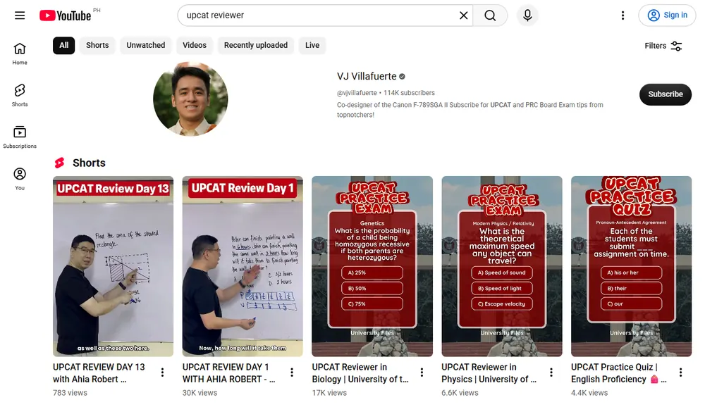 YouTube search results for "upcat reviewer" showing UPCAT review lessons and practice quiz Shorts
